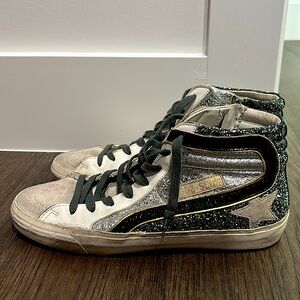 GOLDEN GOOSE Size 39, green glitter, silver, and black Golden Goose Slides